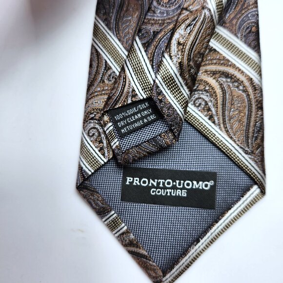 Pronto Uomo Couture Paisley Necktie Men's Silver & Gold 100% Silk Tie New - Picture 7 of 7